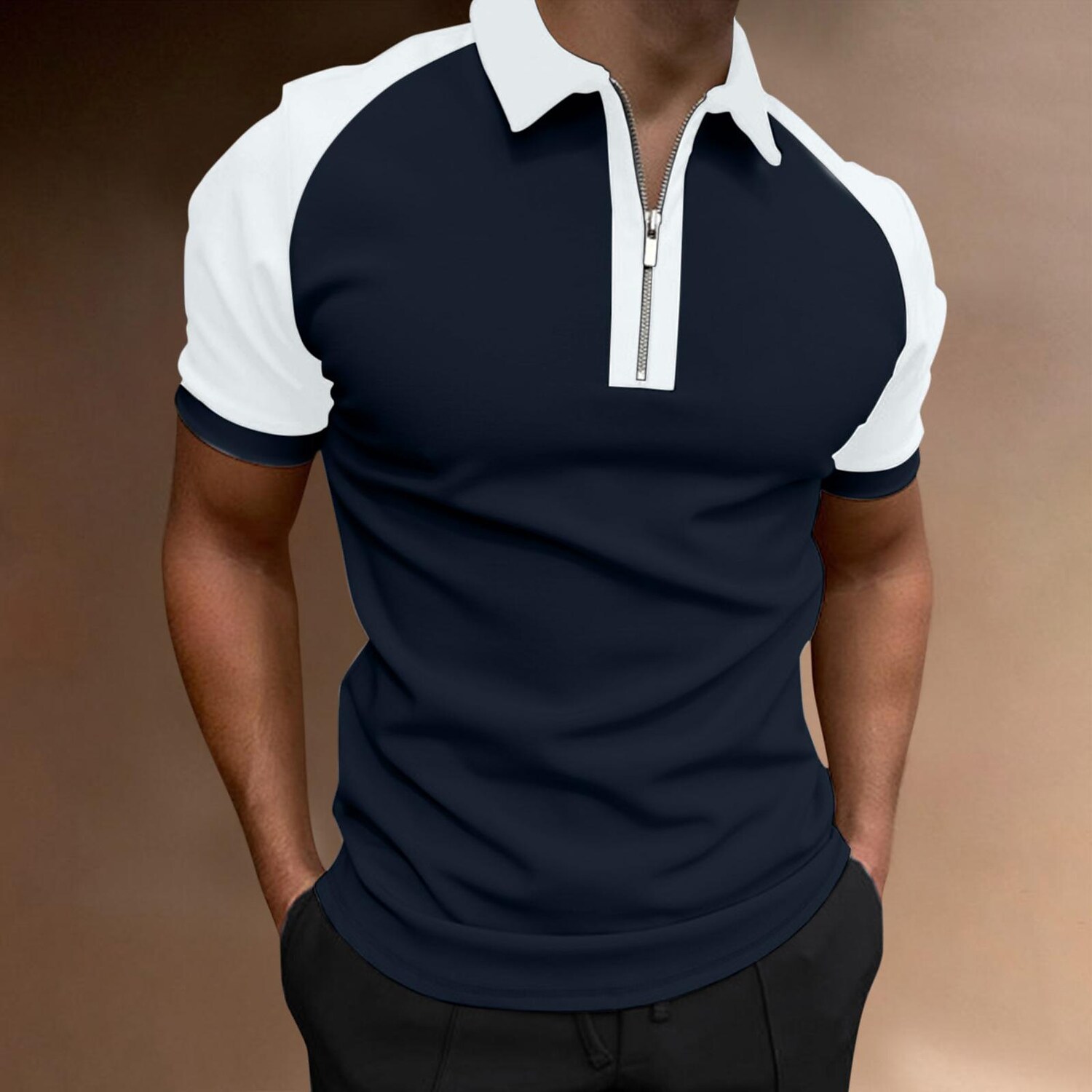 cross-border european and american spring and summer amazon color matching new polo shirt zipper men's raglan sleeve t-shirt top