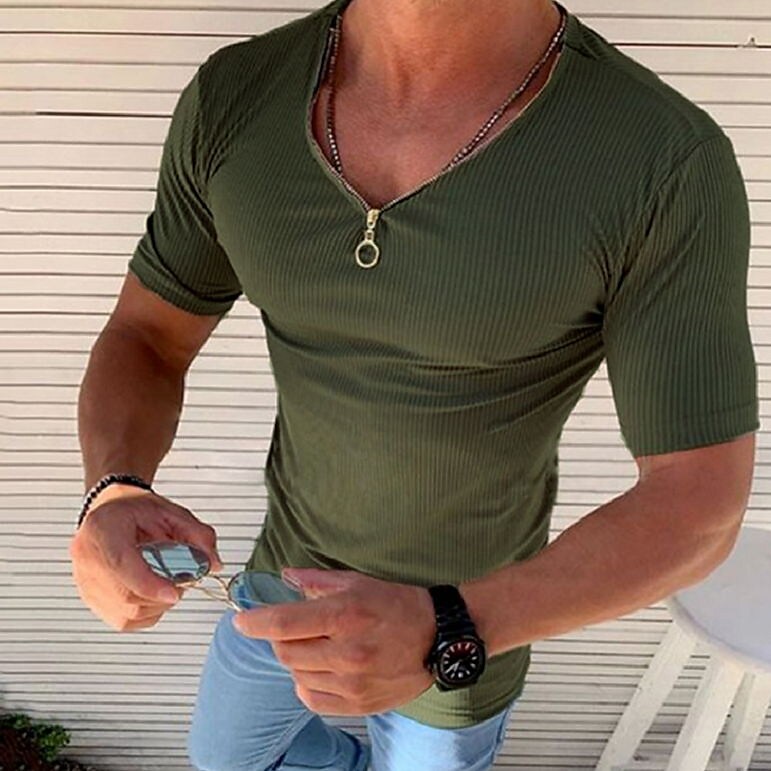 Men's T shirt Tee Solid Color V Neck Casual Work Tops Cool Muscle Green Black Light gray