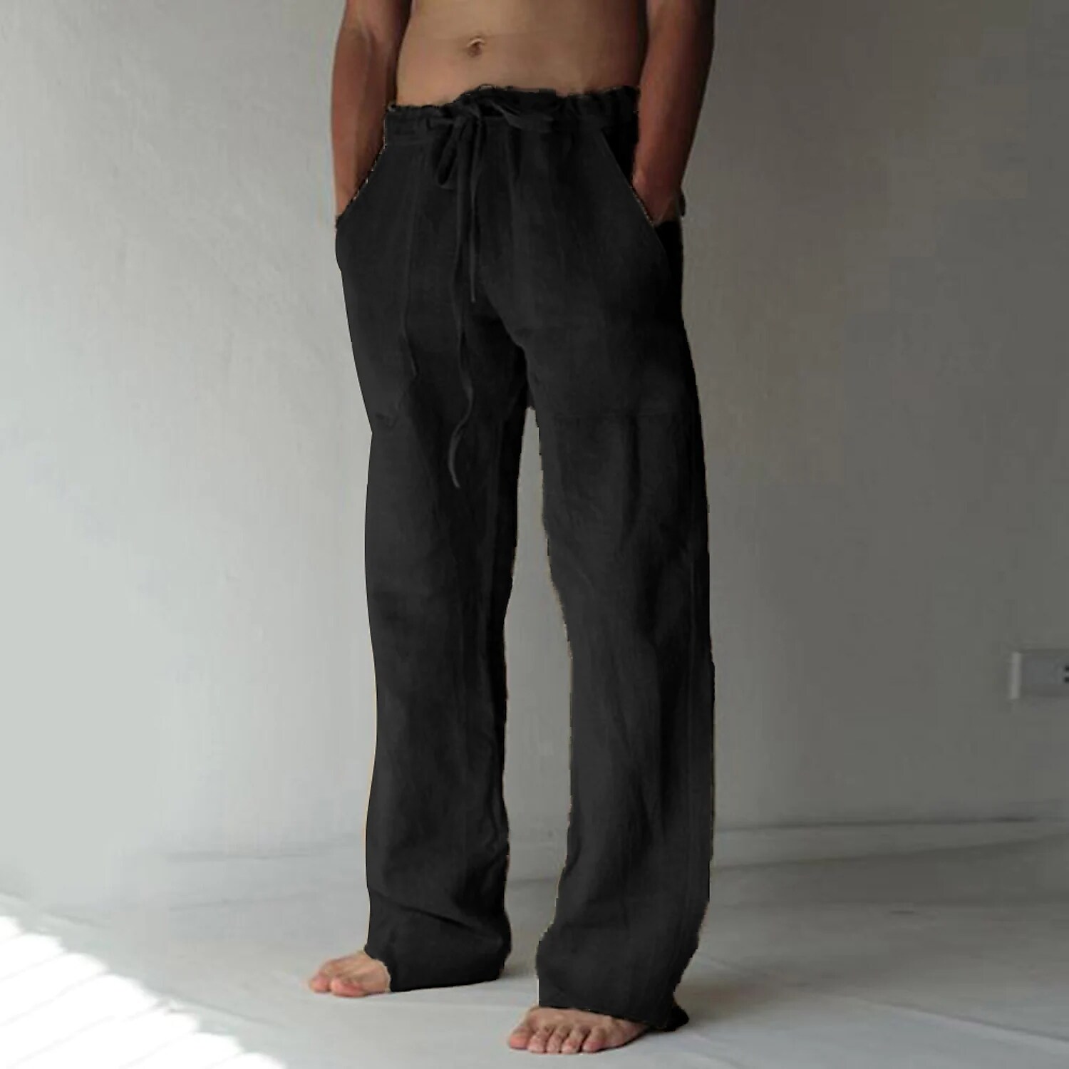 Men's  Summer  Beach Pocket Drawstring Elastic Waist Plain Linen Pants