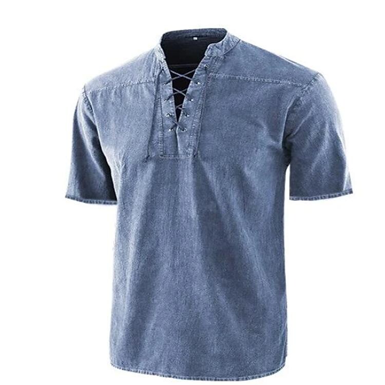 europe and america amazon men's new solid color retro lace-up collar casual short sleeve shirt