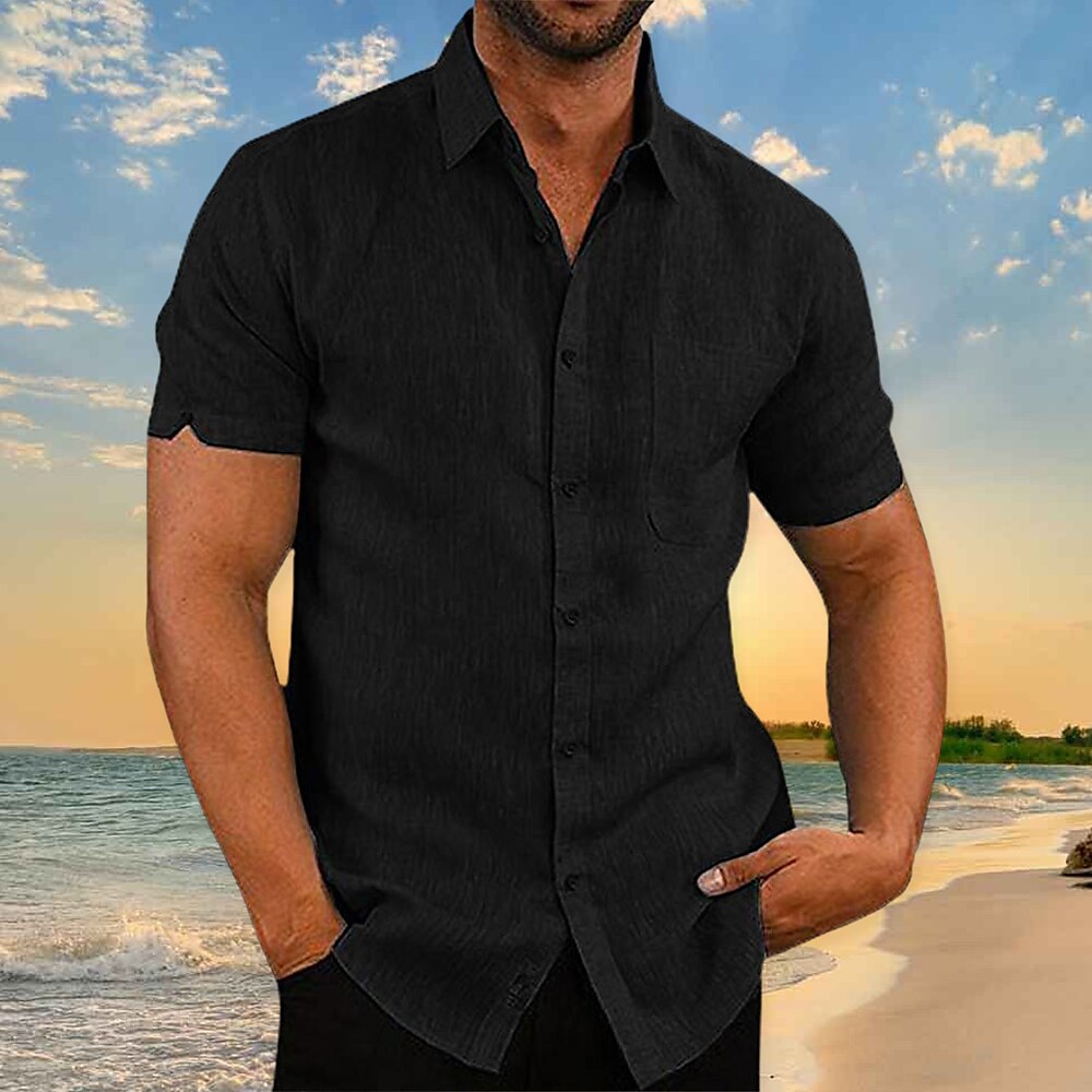 Men's Casual Beach Hawaiian Street Breathable Comfortable Light Plain Lapel Short Sleeve Shirt