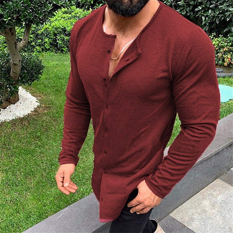 Men's Shirt Solid Color Crew Neck Street Casual Button-Down Long Sleeve Tops Casual Fashion Comfortable White Black Fuchsia Summer Shirts Muscle Shirts for Men
