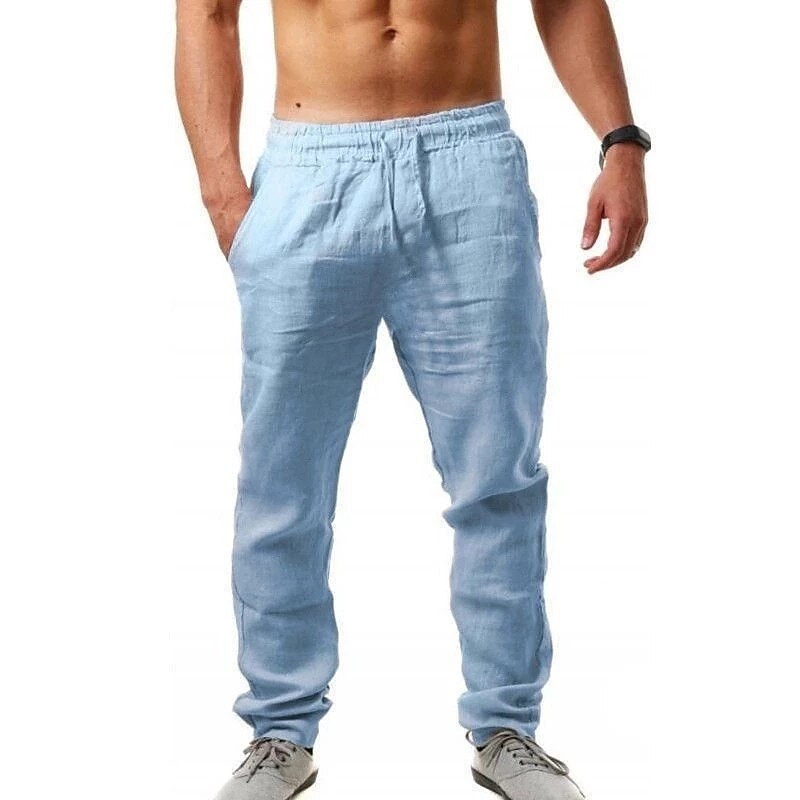 Men's Beach  Pocket Drawstring Elastic Waistband Plain Comfort Breathable  Linen Pants
