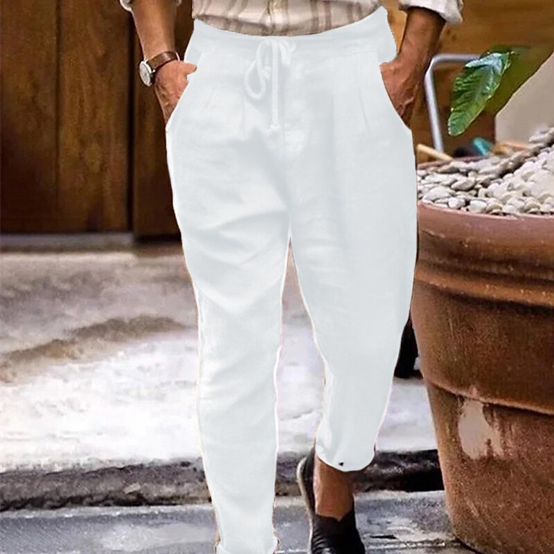 Men's Linen Pants Trousers Summer Pants Beach Pants Plain Breathable Soft Casual Daily Holiday Linen / Cotton Blend Fashion Streetwear Black White Micro-elastic