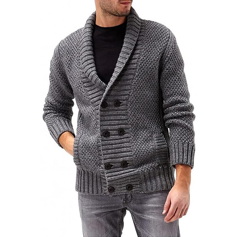 Men's solid color lapel double breasted long sleeve knit jacket 
