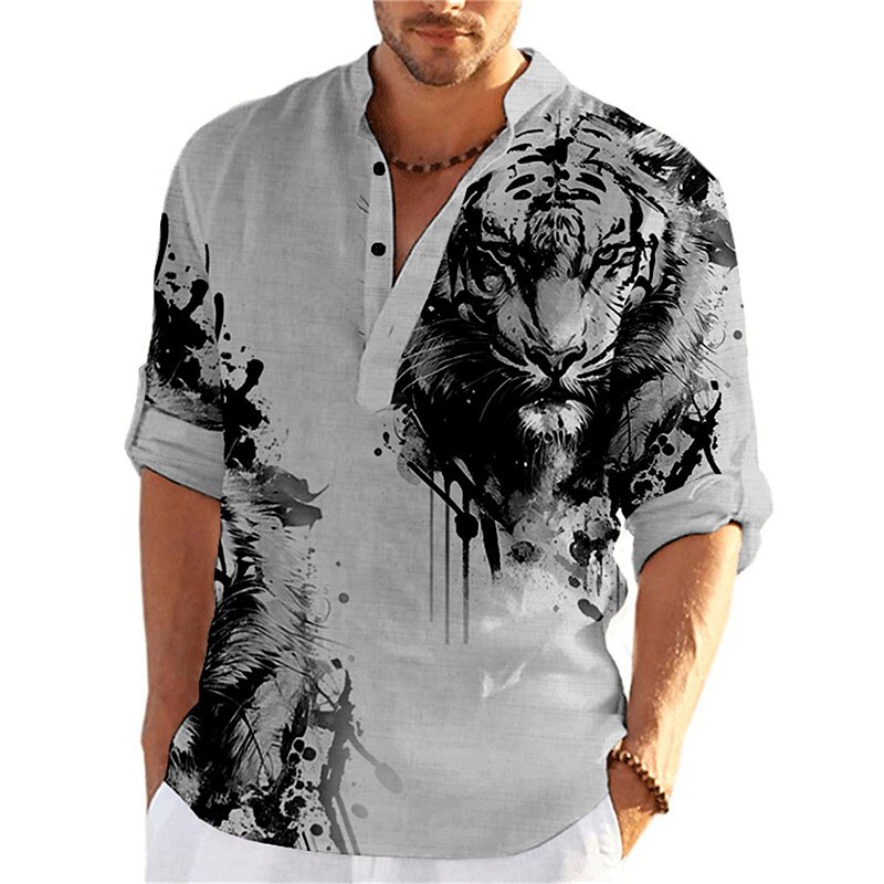 Men's Linen Outdoor Street Fashion Casual Breathable Light Long Sleeves Prints Shirt
