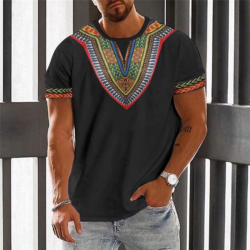 Men's Graphic Color Block Tribal Crew Neck  3D Print Short Sleeve Ethnic T-shirt 