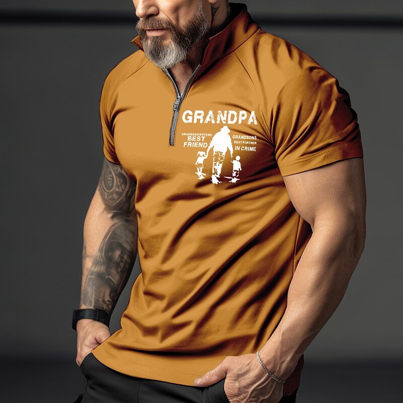 Men's Zip  Letter Graphic Prints Father's Day Turndown Short Sleeves Polo Shirt 