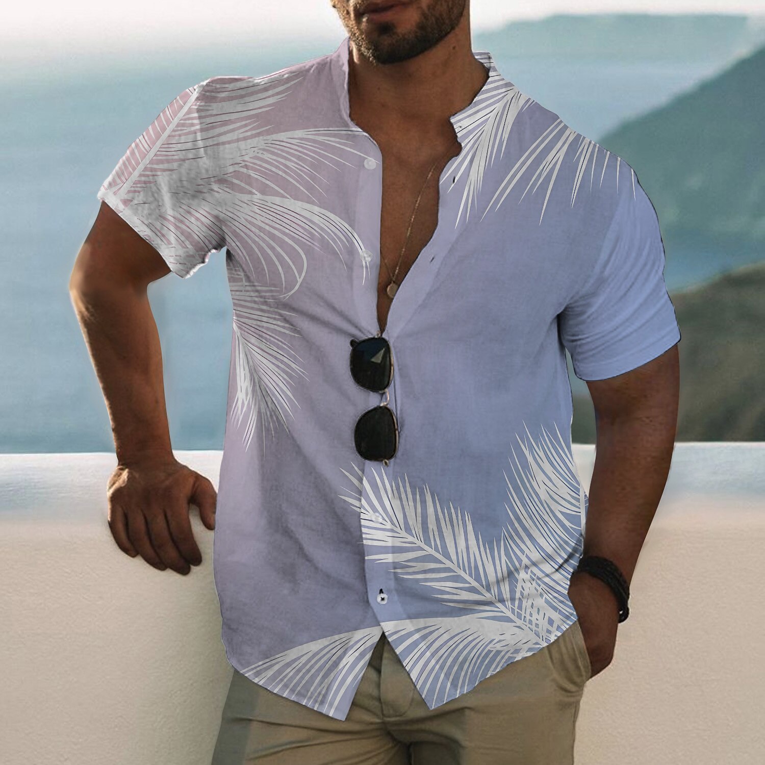 Men's Outdoor Hawaiian Casual Fashion Breathable Comfortable Light Print Short Sleeve Shirt