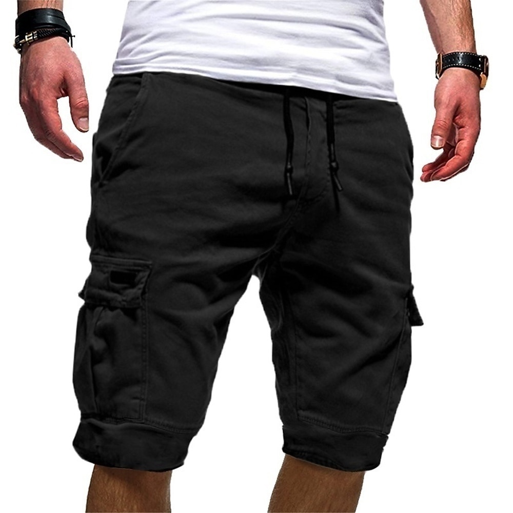 Men's Cargo Shorts Drawstring Multi Pocket Solid Color Outdoor Knee Length Daily Weekend Cotton Blend Streetwear Casual Black White Inelastic