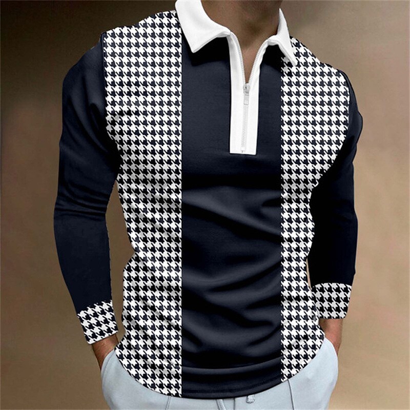 Men's Zip Houndstooth Striped Graphic Prints Turndown Polo Shirt