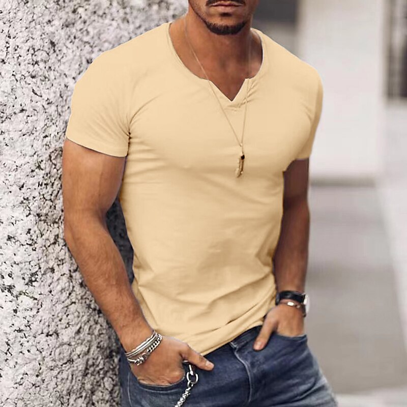 Men's T shirt Tee Plain V Neck Vacation Going out Short Sleeves Clothing Apparel Streetwear Stylish Modern Style