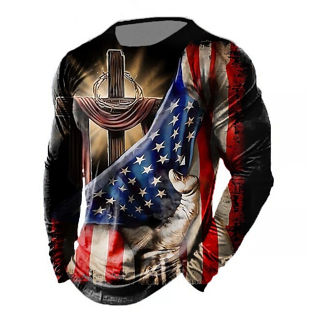 Men's T shirt Tee Graphic Prints American Flag National Flag Crew Neck 3D Print Outdoor Street Long Sleeve Print Clothing Apparel Basic Vintage