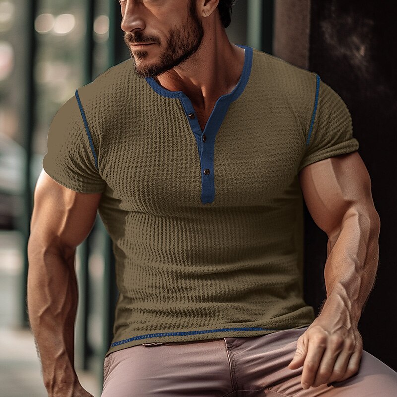 Men's Waffle  Plain Raglan Sleeve  Basic Short Sleeves Henley Shirt 