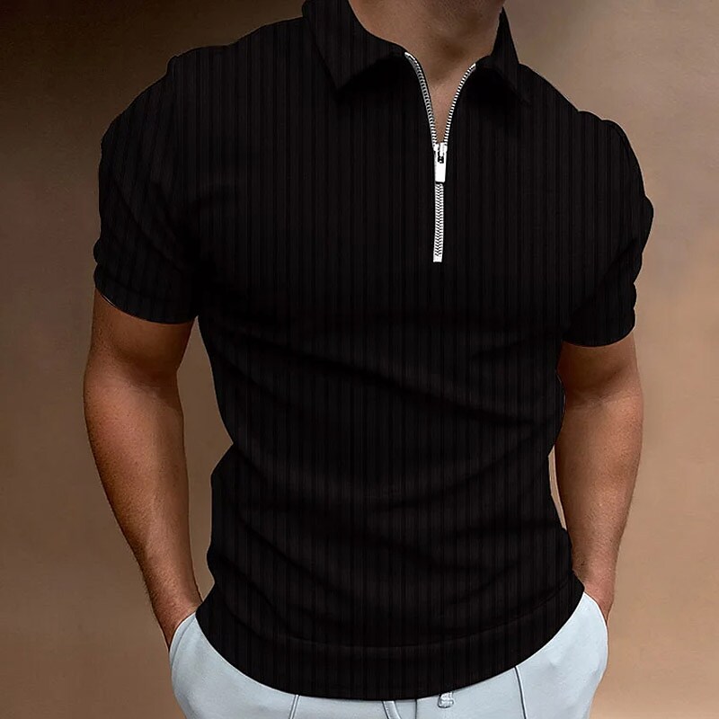 Men's Wear Turndown Quarter Zip   Classic Style Plain Half Zip Quarter  Short Sleeve Polo Shirt