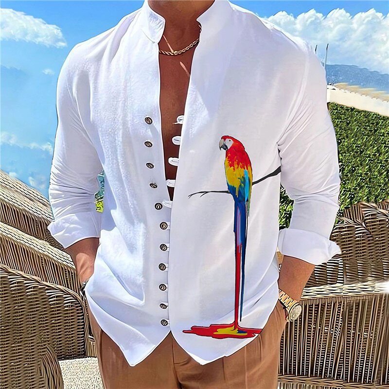 Men's Graphic Prints Parrot Stand Collar  Outdoor Long Sleeve  Casual Comfortable Shirt 