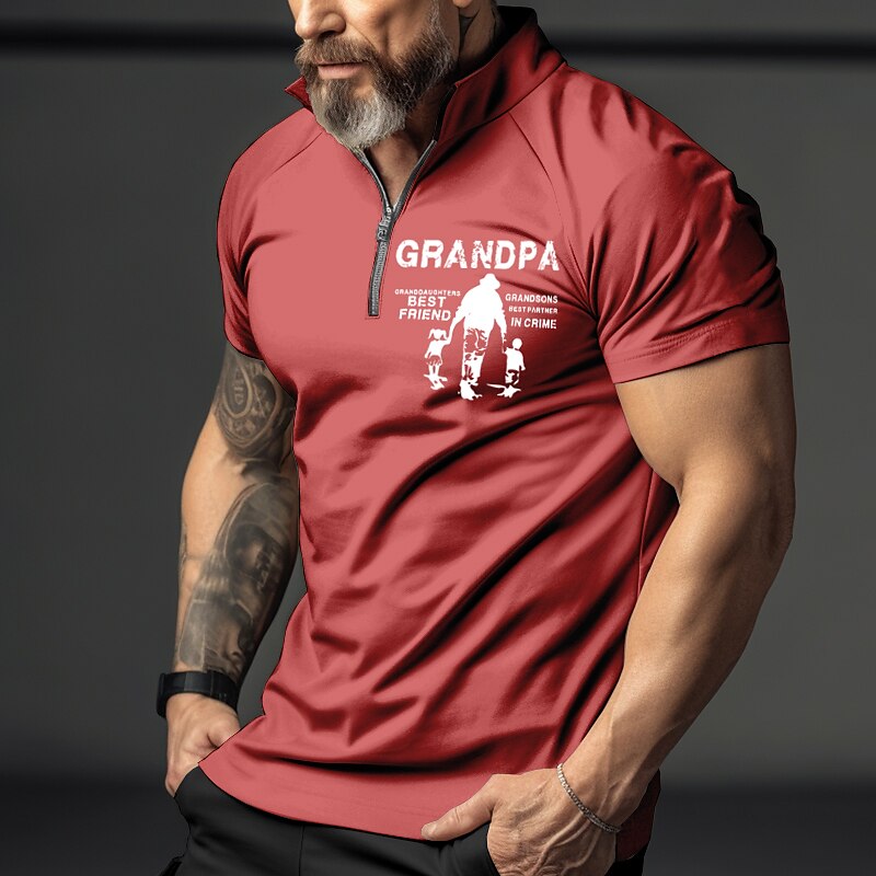Men's Zip  Letter Graphic Prints Father's Day Turndown Short Sleeves Polo Shirt 