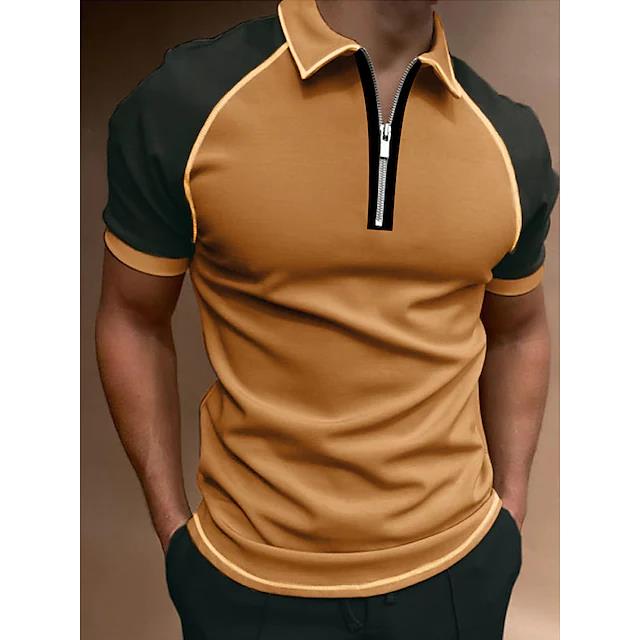Men's Golf Shirt Color Block Turndown Street Casual Zipper Short Sleeve Tops Casual Fashion Comfortable Brown