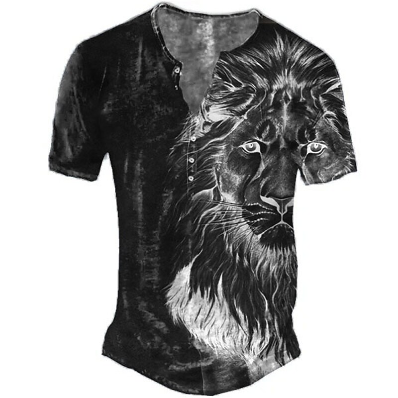 Men's Animal Lion Short Sleeve Button-Down Henley Shirt