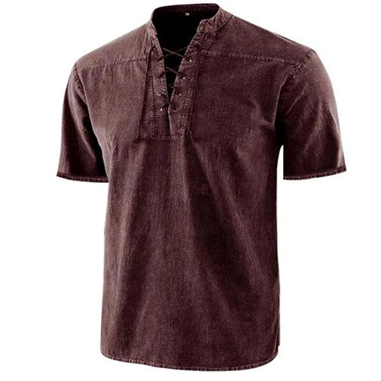 europe and america amazon men's new solid color retro lace-up collar casual short sleeve shirt