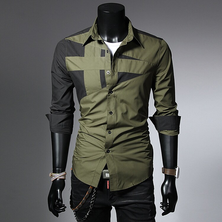 Men's shirt color block patchwork long sleeves