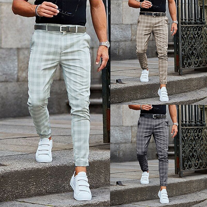 Men's Chinos Slacks Pencil Trousers Jogger Pants Plaid Checkered Latti