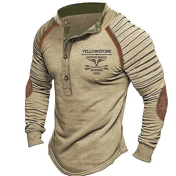 Men's  Vintage Slim Pleated Letter Print  Long Sleeve Henley Shirt
