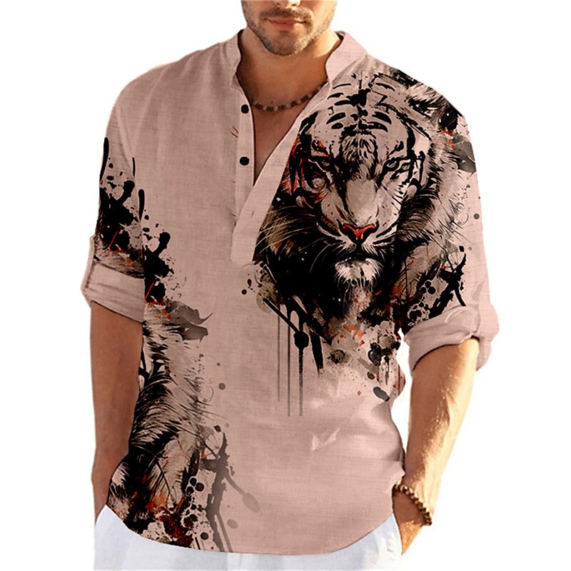 Men's Linen Outdoor Street Fashion Casual Breathable Light Long Sleeves Prints Shirt