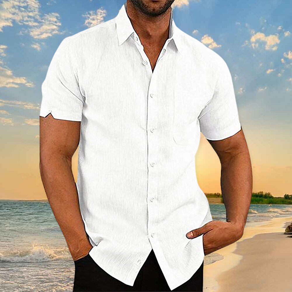 Men's Casual Beach Hawaiian Street Breathable Comfortable Light Plain Lapel Short Sleeve Shirt