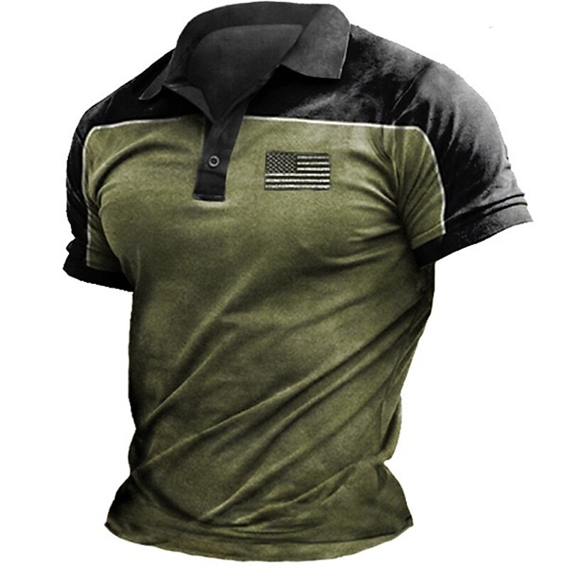 Men's Flag Turndown Outdoor  Button-Down Short Sleeves Polo Shirt
