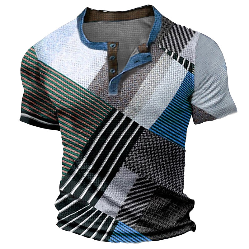 Men's Waffle  Graphic Color Block 3D Print   Short Sleeve Henley Shirt
