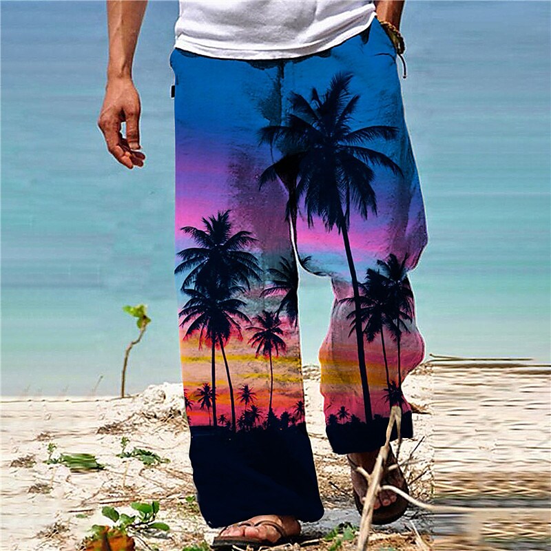 Men's  Drawstring Elastic Waist Straight Leg Coconut Tree Graphic Prints Landscape Hawaiian Beach Pants