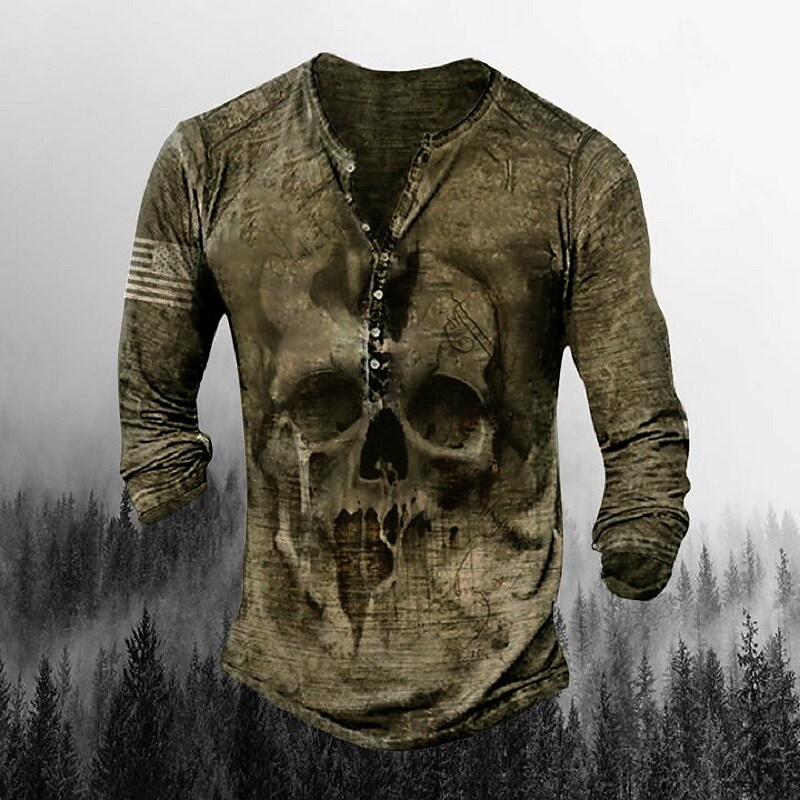 Men's Henley Shirt T shirt Tee Graphic Skull Henley Army Green Khaki B