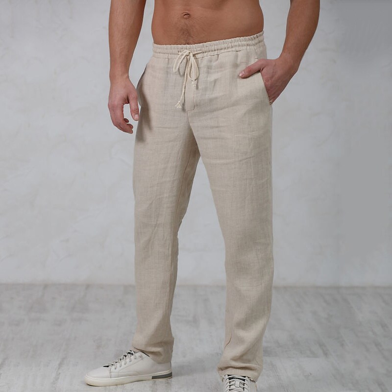 Men's Beach  Drawstring Elastic Waist Straight Leg Plain Comfort Linen Pants
