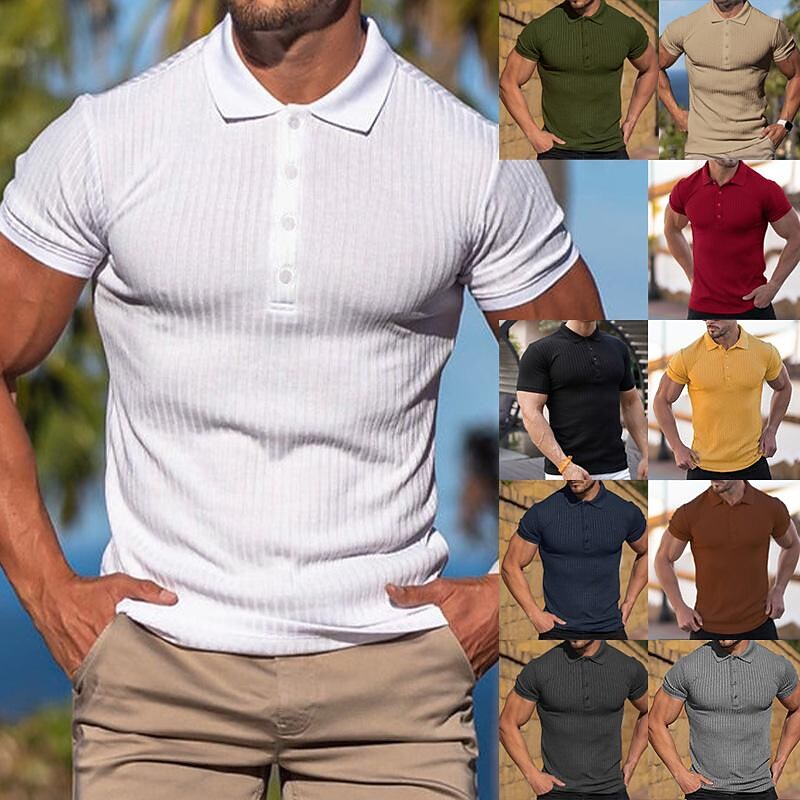 Men's Sports Fitness Leisure Stretch Vertical Strip Short-sleeved Polo Shirt Men