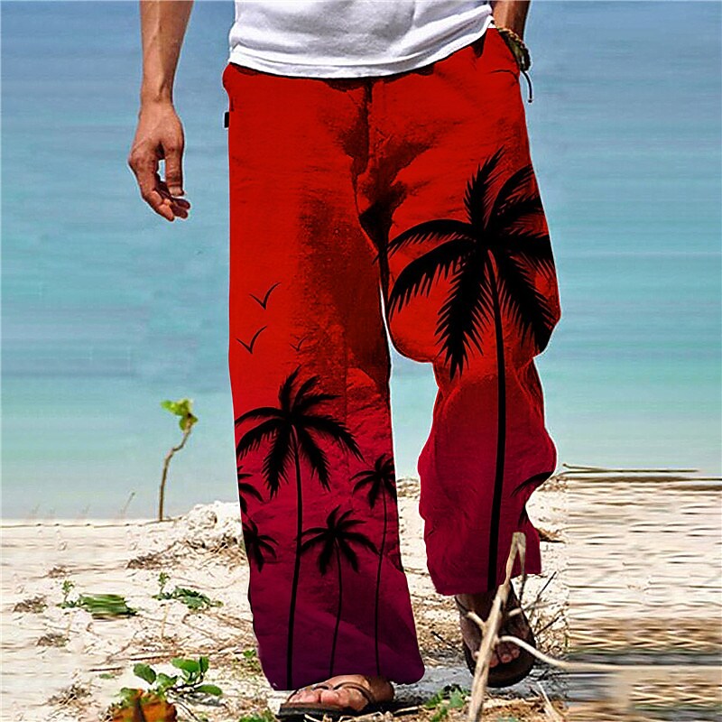 Men's  Drawstring Elastic Waist Straight Leg Coconut Tree Graphic Prints Landscape Hawaiian Beach Pants