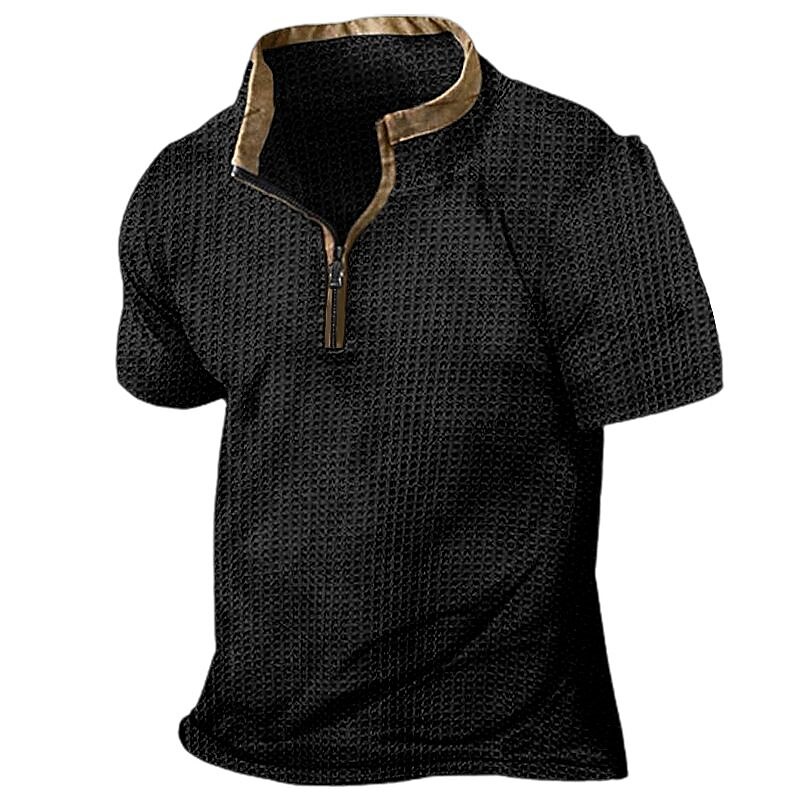 Men's Waffle Zip Half Plain Standing Collar Street Vacation Short Sleeves Basic Polo Shirt