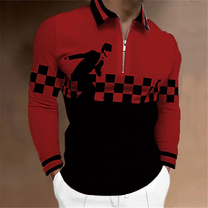 Men's Plaid Graphic Prints Turndown  Zipper Long Sleeve Polo Shirt