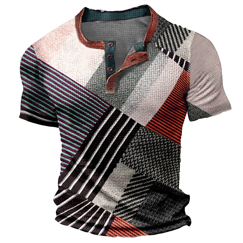 Men's Waffle  Graphic Color Block 3D Print   Short Sleeve Henley Shirt