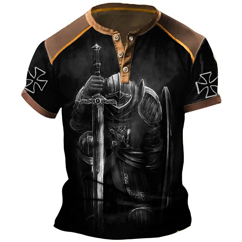 Men's T-Shirt Vintage Templar Henley Colorblock Short Sleeve Summer Daily Tops Black