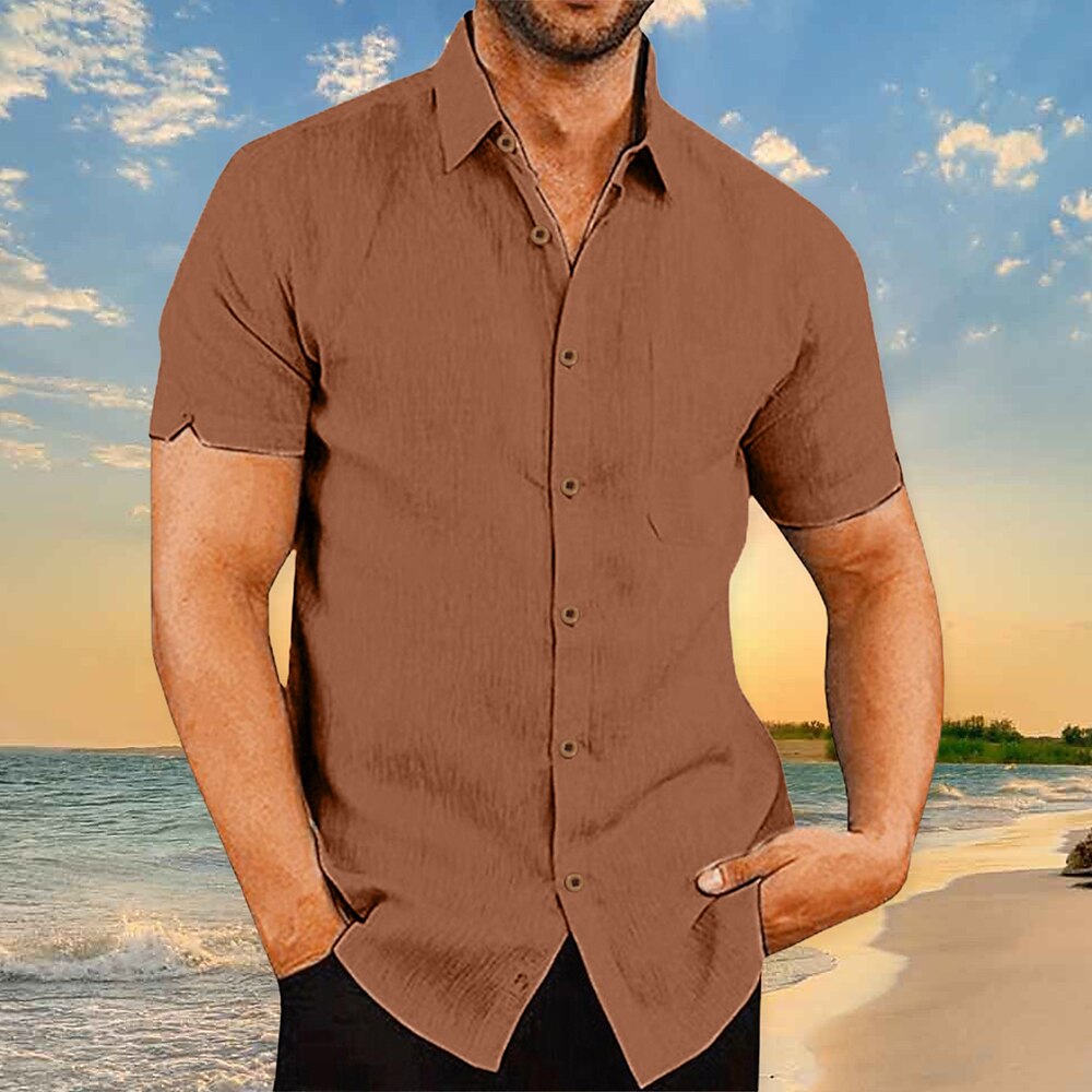 Men's Casual Beach Hawaiian Street Breathable Comfortable Light Plain Lapel Short Sleeve Shirt