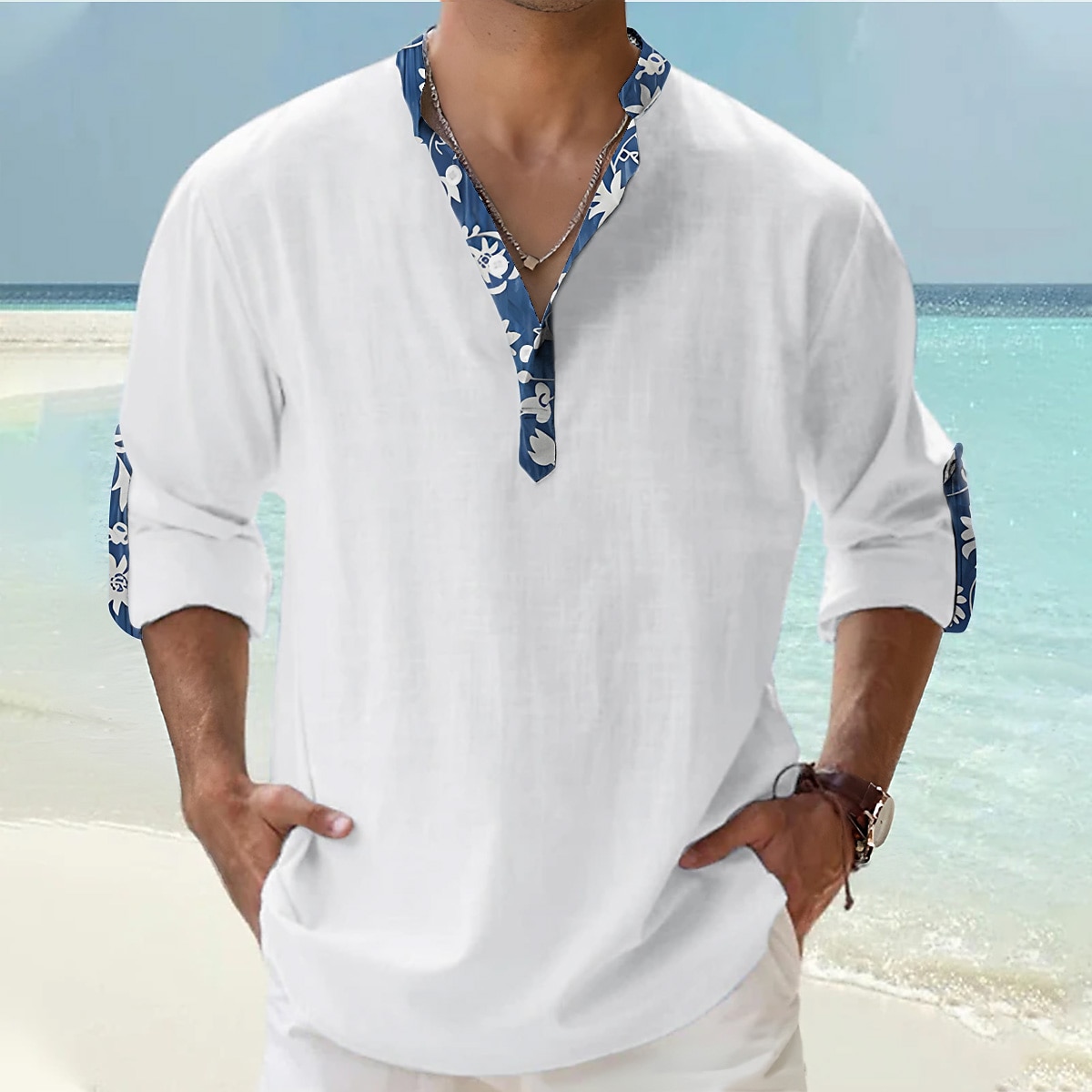 Men's Floral Graphic Prints Stand Collar  Casual Long Sleeve Linen Shirt 
