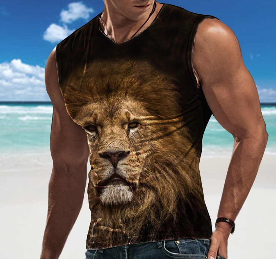 Men's Lion Crew Neck Sleeveless Casual Undershirt 
