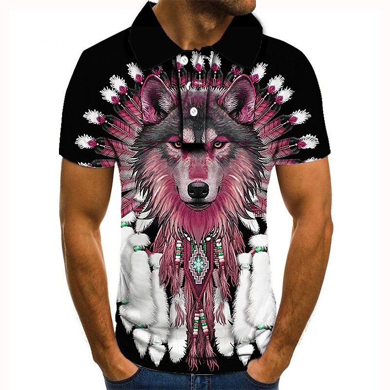 Men's Wolf Graphic 3D Print  Button-Down Short Sleeve Polo Shirt
