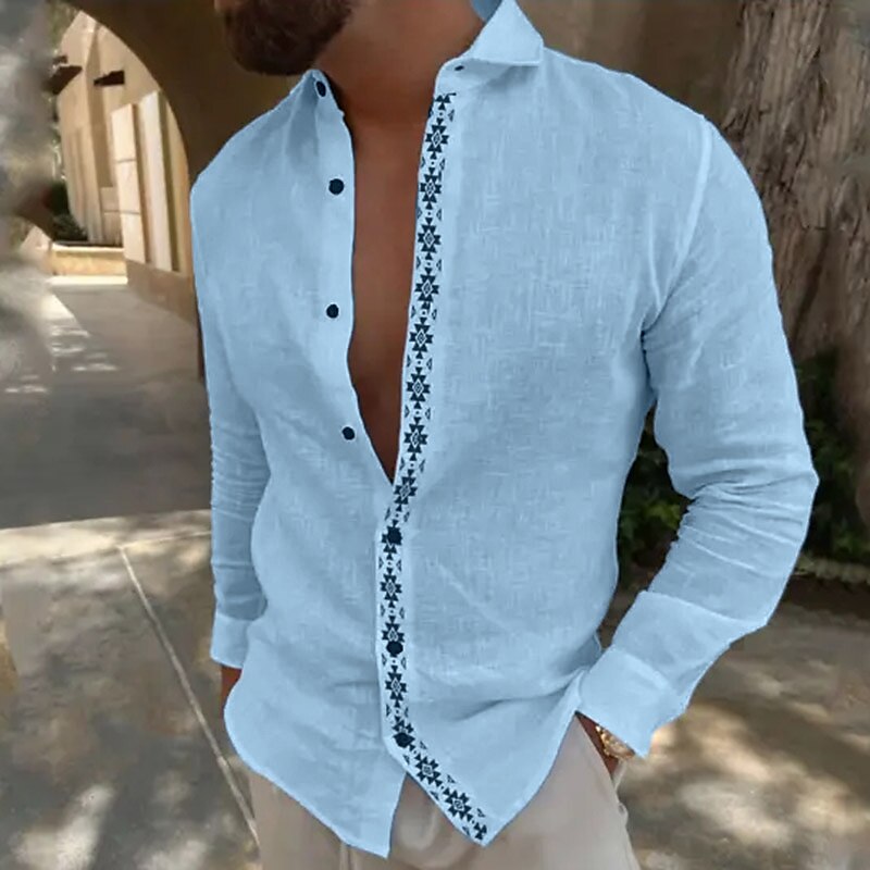 Men's Summer  Beach Plain Lapel Hawaiian Basic Long Sleeve Shirt