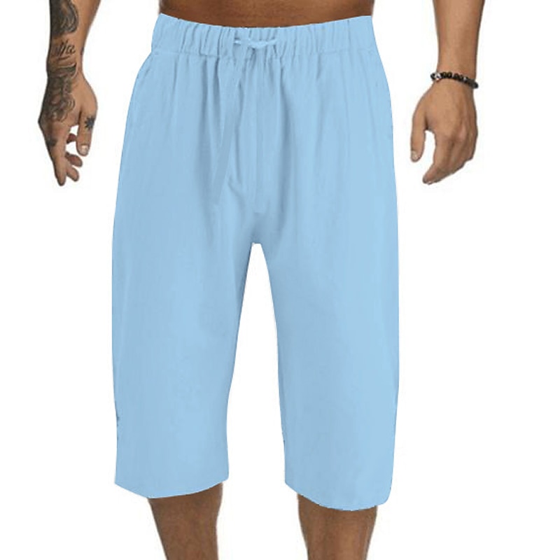 Men's Summer Capri Drawstring Elastic Waist Plain Comfort Outdoor Daily Linen Shorts 