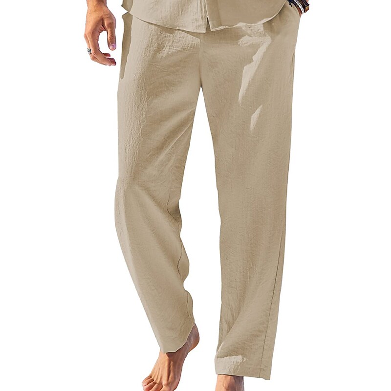 Men's  Drawstring Elastic Waist Plain Comfort Breathable Outdoor  Linen Pants 