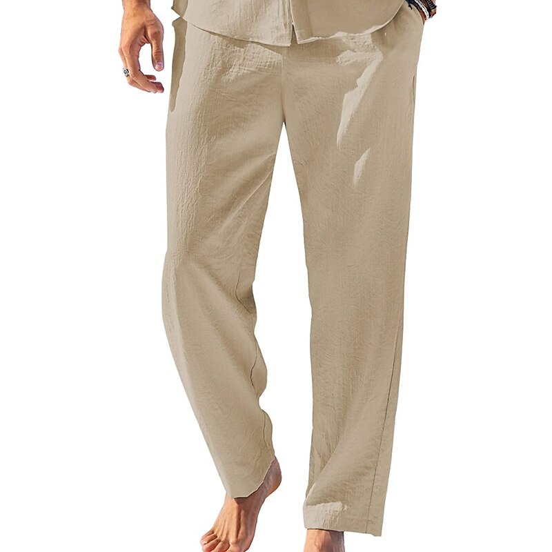 Men's  Drawstring Elastic Waist Plain Breathable  Linen Pants