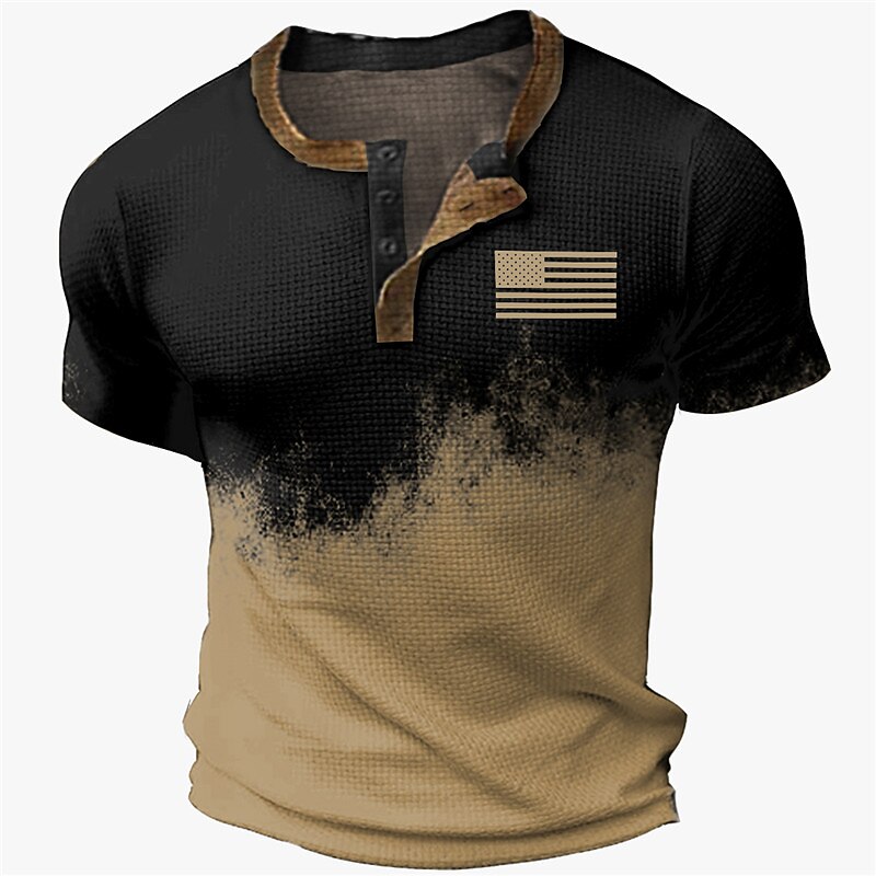 Men's Waffle Graphic Color Block National Flag Short Sleeve Henley Shirt 