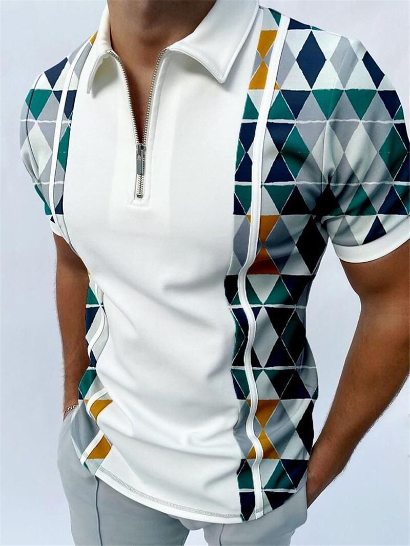 Men's Golf Shirt 3D Print Argyle Turndown Casual Daily Zipper Print Short Sleeve Tops Casual Fashion Comfortable Sports Green White Blue / Summer / Spring / Summer